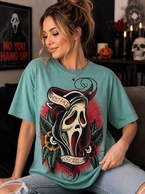 Ghost Face Horror Club Tattoo Graphic Tee M NWOT Halloween Scream